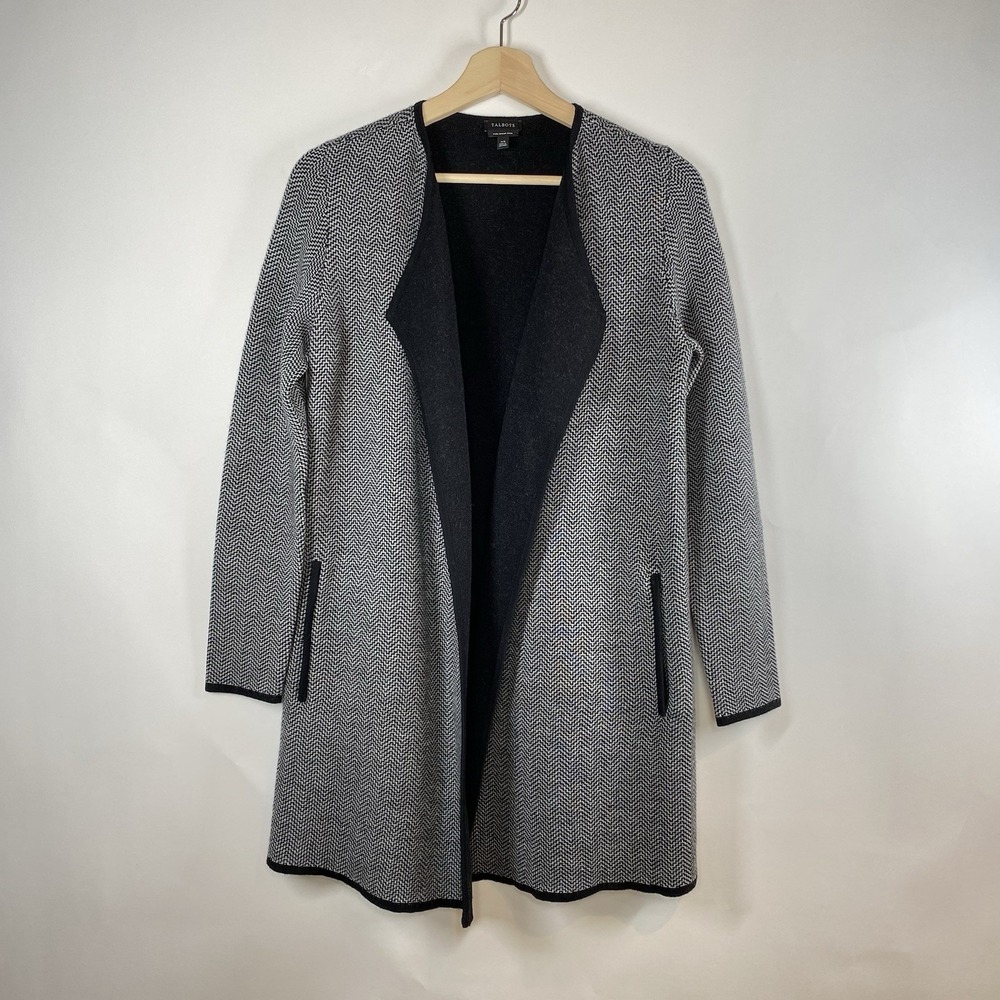 Talbots Womens Merino Wool Front Open Knit Drape Cardigan Herringbone Sz XS Gray